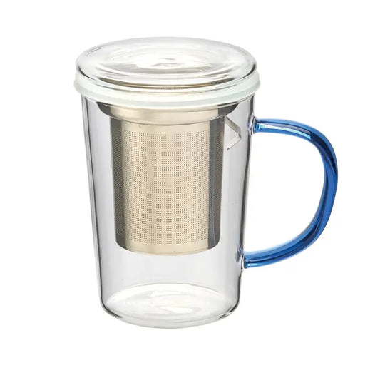 18 oz BPA-Free Glass Mug with Tea Infuser – Blue Handle