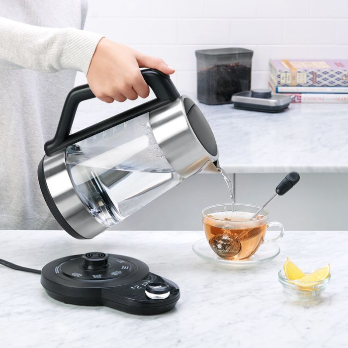 Hot Tea Maker Electric Glass Kettle with tea infuser and temperature control.  Automatic Shut off. Brewing Programs for your favorite teas and Coffee. 